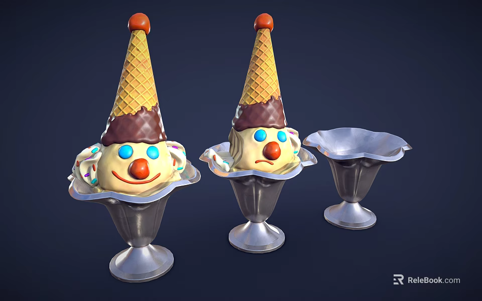 Playful Ice Cream Cones With Smiling Faces In Silver Holders And Chocolate Tops 3d model 