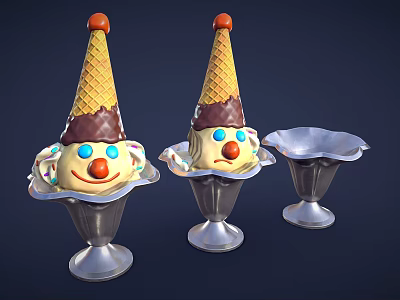 Playful Ice Cream Cones With Smiling Faces In Silver Holders And Chocolate Tops 3d model