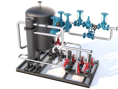Industrial Equipment With Large Black Tank Pipes Blue Red Valves And Metal Framework 3d model