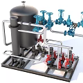 Industrial Equipment With Large Black Tank Pipes Blue Red Valves And Metal Framework
