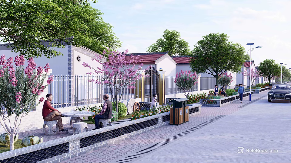 Rural Landscape With White Walled Red Roofed Houses Cherry Blossom Trees And People On Benches 3d model 