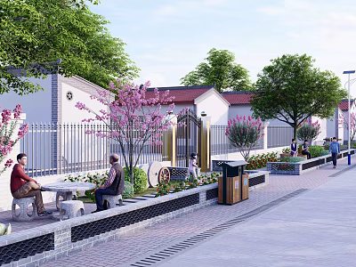Rural Landscape With White Walled Red Roofed Houses Cherry Blossom Trees And People On Benches 3d model