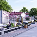 Rural Landscape With White Walled Red Roofed Houses Cherry Blossom Trees And People On Benches