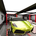 BBA Auto Service Chain Showroom with Green Sports Cars Modern Reception Area and Stylish Exterior