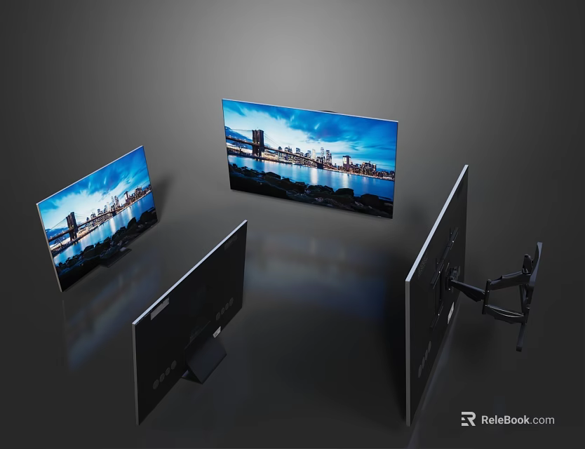 Sleek Modern TVs Displaying City Skyline From Multiple Angles With Wall Mount And Desktop Stand 3d model 