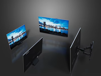 Sleek Modern TVs Displaying City Skyline From Multiple Angles With Wall Mount And Desktop Stand 3d model
