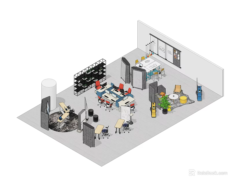 Public Office Space Featuring Multiple Workstations Colorful Chairs Team Table Potted Plants And Bright Windows 3d model 