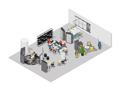 Public Office Space Featuring Multiple Workstations Colorful Chairs Team Table Potted Plants And Bright Windows 3d model