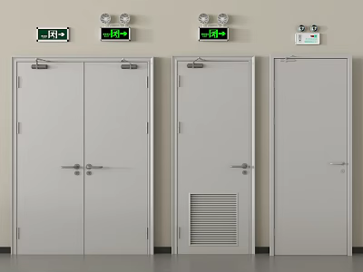 Row of White Emergency Exit Doors With Green Indicator Lights And Control Panels 3d model
