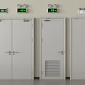 Row of White Emergency Exit Doors With Green Indicator Lights And Control Panels