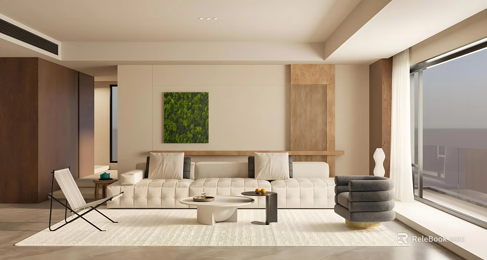 Modern Living Dining Room Open Concept With Beige Sofa Wooden Elements Green Wall Art Rug 3d model 