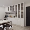 Modern Restaurant Interior With White Dining Table Dark Chairs Silver Refrigerator And White Cabinets