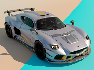 Silver Sports Car With Sleek Aerodynamic Design Yellow Stripe Accents And Black Wheels 3d model