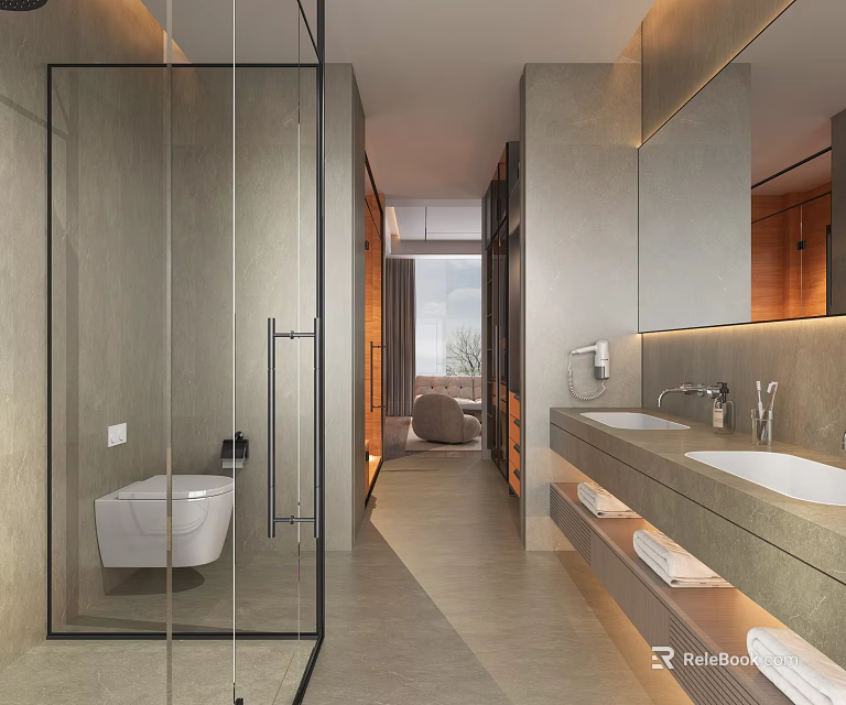 Modern Bathroom Interior With Glass Shower And Double Sink Vanity 3d model 