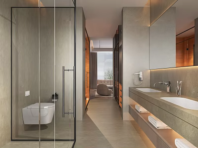 Modern Bathroom Interior With Glass Shower And Double Sink Vanity 3d model