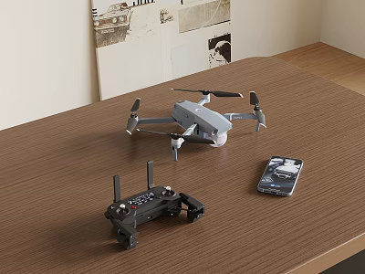 Portable Drone With Remote Controller And Smartphone On Wooden Table 3d model