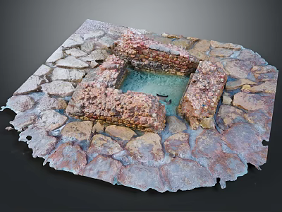 Stone Built Square Water Pool With Surrounding Natural Stone Slabs and Decorative Ground 3d model