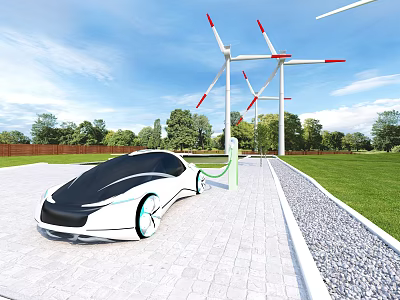 Modern Electric Car Charging With Wind Turbines In Outdoor Setting 3d model