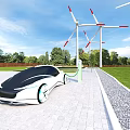 Modern Electric Car Charging With Wind Turbines In Outdoor Setting
