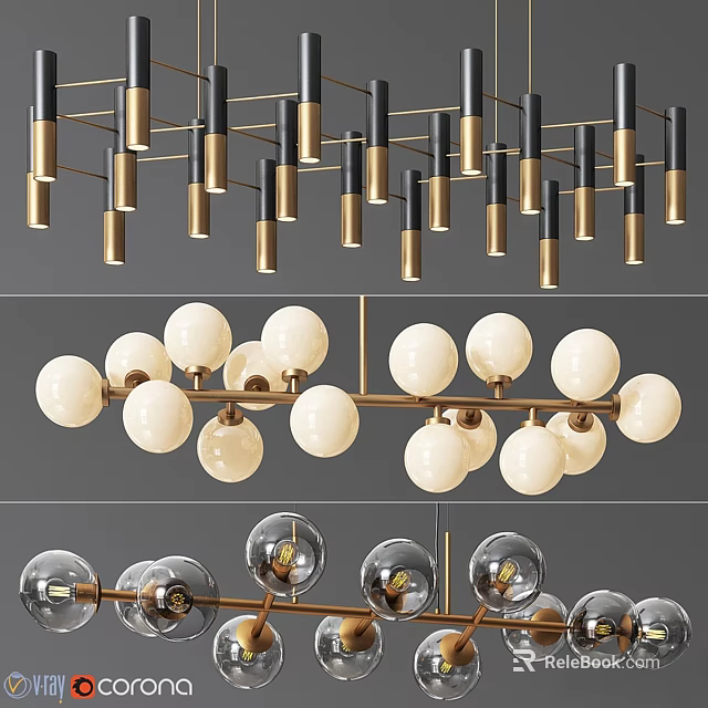 Modern Chandeliers With Metal Frame Spherical Bulbs Gold Black Accents 3d model 