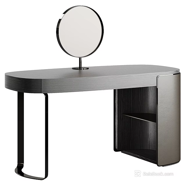Modern Dressing Table With Round Mirror Gray Wooden Top And Black Metal Legs 3d model 