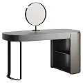 Modern Dressing Table With Round Mirror Gray Wooden Top And Black Metal Legs