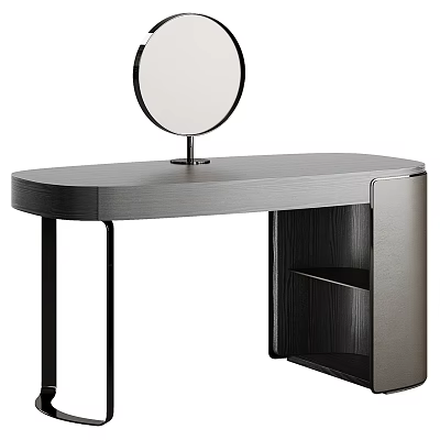 Modern Dressing Table With Round Mirror Gray Wooden Top And Black Metal Legs 3d model