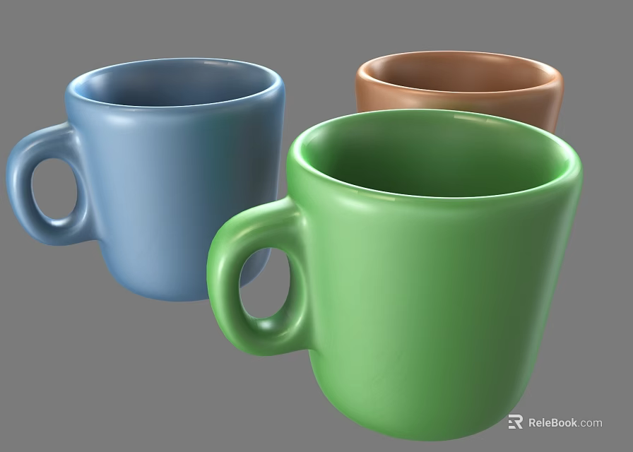 Colorful Ceramic Mugs in Blue Green and Brown for Daily Use 3d model 