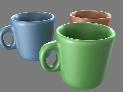 Colorful Ceramic Mugs in Blue Green and Brown for Daily Use 3d model