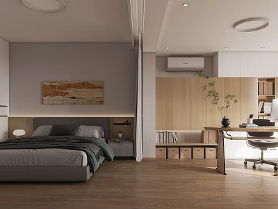 Modern Bedroom Interior Design With Cozy Bed Nightstand Wall Art And Wooden Bookshelf 3d model