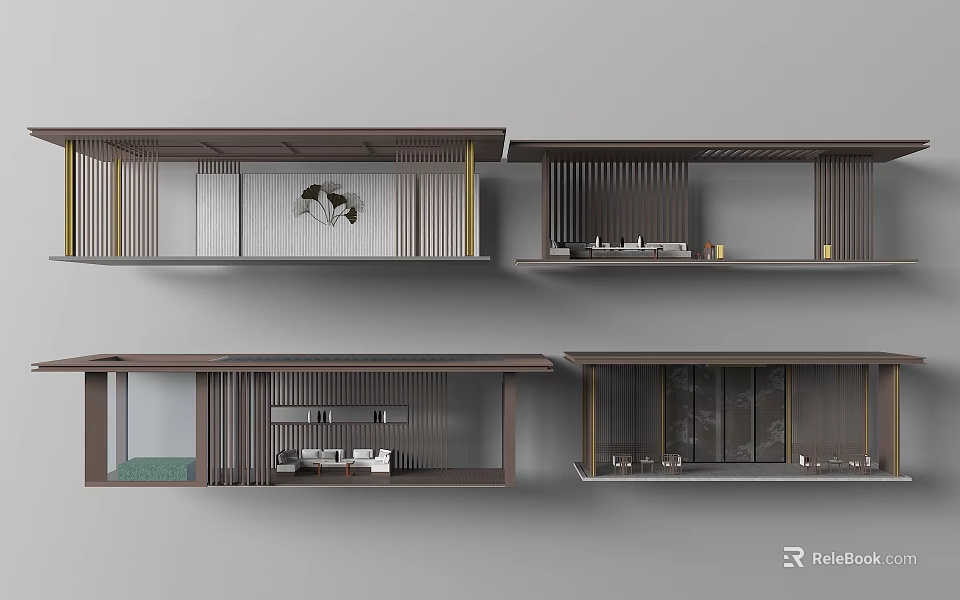 Elegant Modern Chinese Architectural Exterior Featuring Layered Design Wooden Grilles Glass Elements And Courtyard View 3d model 