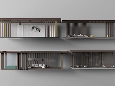 Elegant Modern Chinese Architectural Exterior Featuring Layered Design Wooden Grilles Glass Elements And Courtyard View 3d model
