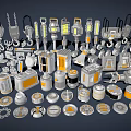 Industrial Equipment Parts in Gray with Orange Details Including Hoists Lights and Wheels