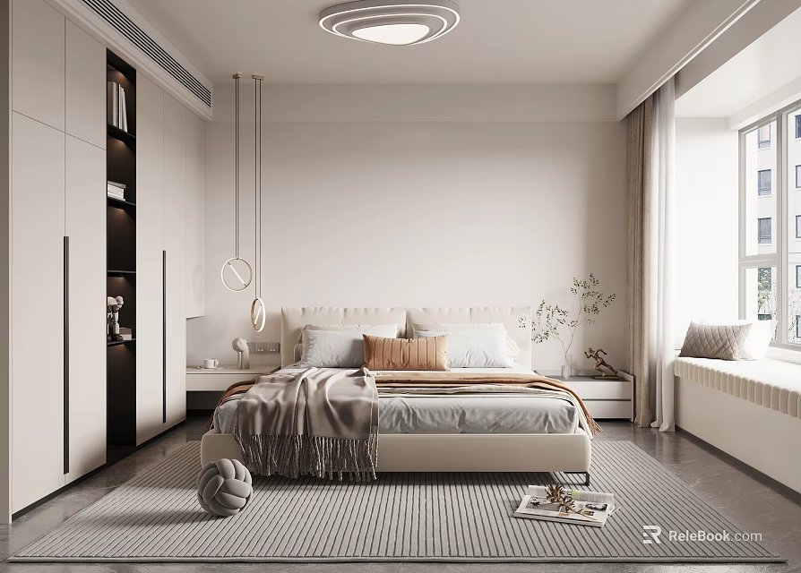 Modern Bedroom Interior Design With Beige Bed Pillows Throw Blanket And Striped Rug 3d model 