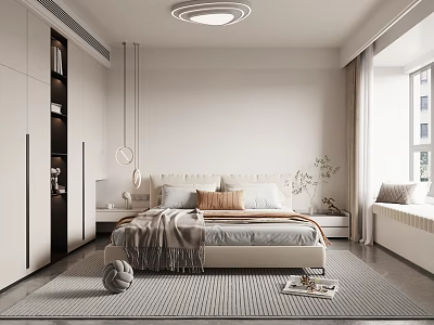 Modern Bedroom Interior Design With Beige Bed Pillows Throw Blanket And Striped Rug 3d model