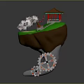 Floating Island Scene With Red Pavilion Green Grass Pink Cherry Blossom And Gears