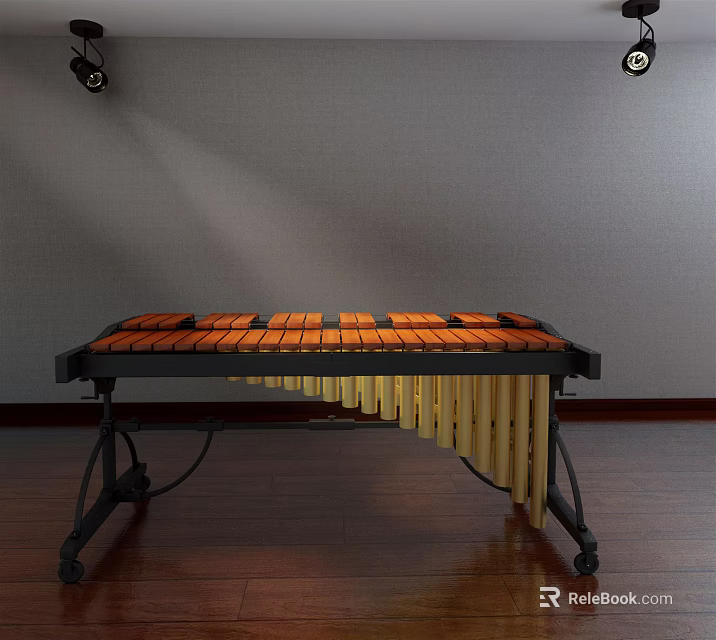 Illuminated Xylophone Musical Instrument with Orange Brown Keys and Golden Pipes on Wooden Floor 3d model 