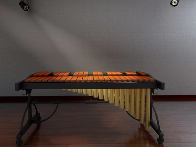 Illuminated Xylophone Musical Instrument with Orange Brown Keys and Golden Pipes on Wooden Floor 3d model
