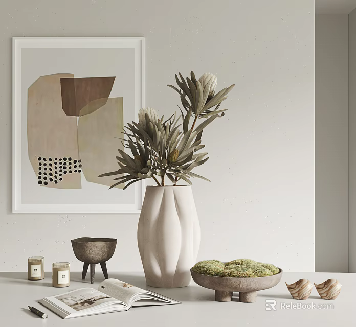 Minimalist Modern Decorative Ornament Set With Abstract Art Vase Greenery Candle Jars And Moss Bowl 3d model 