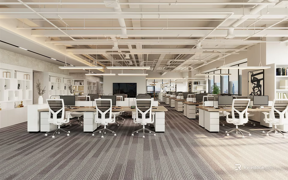 Modern Public Office Space With Open Layout Workstations Chairs And Bright Lighting 3d model 