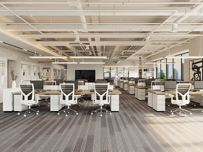 Modern Public Office Space With Open Layout Workstations Chairs And Bright Lighting 3d model