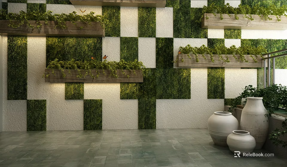 Modern Living Plant Wall with Green White Checkered Pattern Wooden Shelves and Ceramic Pots 3d model 