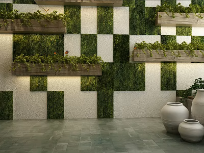 Modern Living Plant Wall with Green White Checkered Pattern Wooden Shelves and Ceramic Pots 3d model