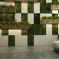 Modern Living Plant Wall with Green White Checkered Pattern Wooden Shelves and Ceramic Pots