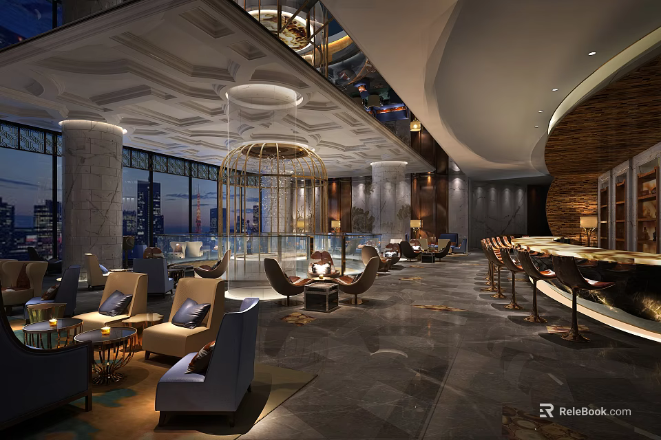 Luxury Bar Interior With Comfortable Lounge Seats Elegant Lighting And City View Windows 3d model 