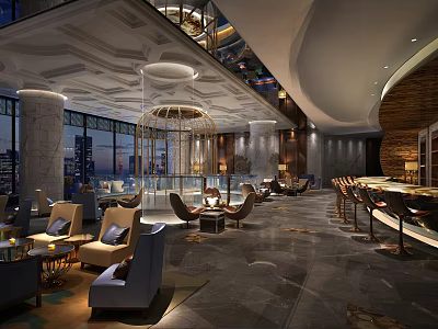 Luxury Bar Interior With Comfortable Lounge Seats Elegant Lighting And City View Windows 3d model
