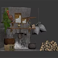 Traditional Stone Cooking Structure With Hanging Herbs Clay Pots and Firewood Stack 3d model