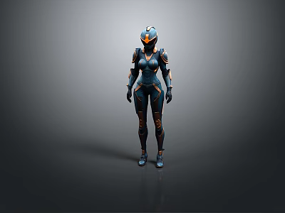 Female Sci Fi Game and Movie Character in Blue Armor With Orange Details 3d model