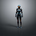 Female Sci Fi Game and Movie Character in Blue Armor With Orange Details