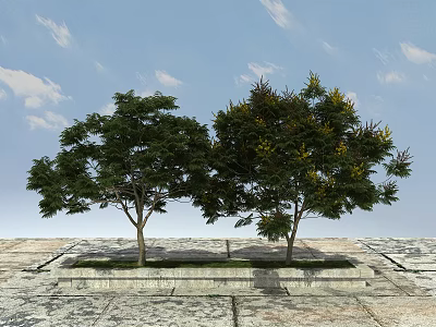 Two Arbor Trees With Green Leaves And Yellow Flowers Against Blue Sky On Stone Ground 3d model